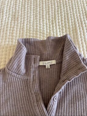 Z Supply Taupe Ribbed Funnel-Neck Button Down Knit Top